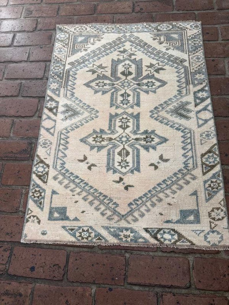 Soft Muted Blue Cream Wool Area Rug, Hand Knotted Vintage Style ...