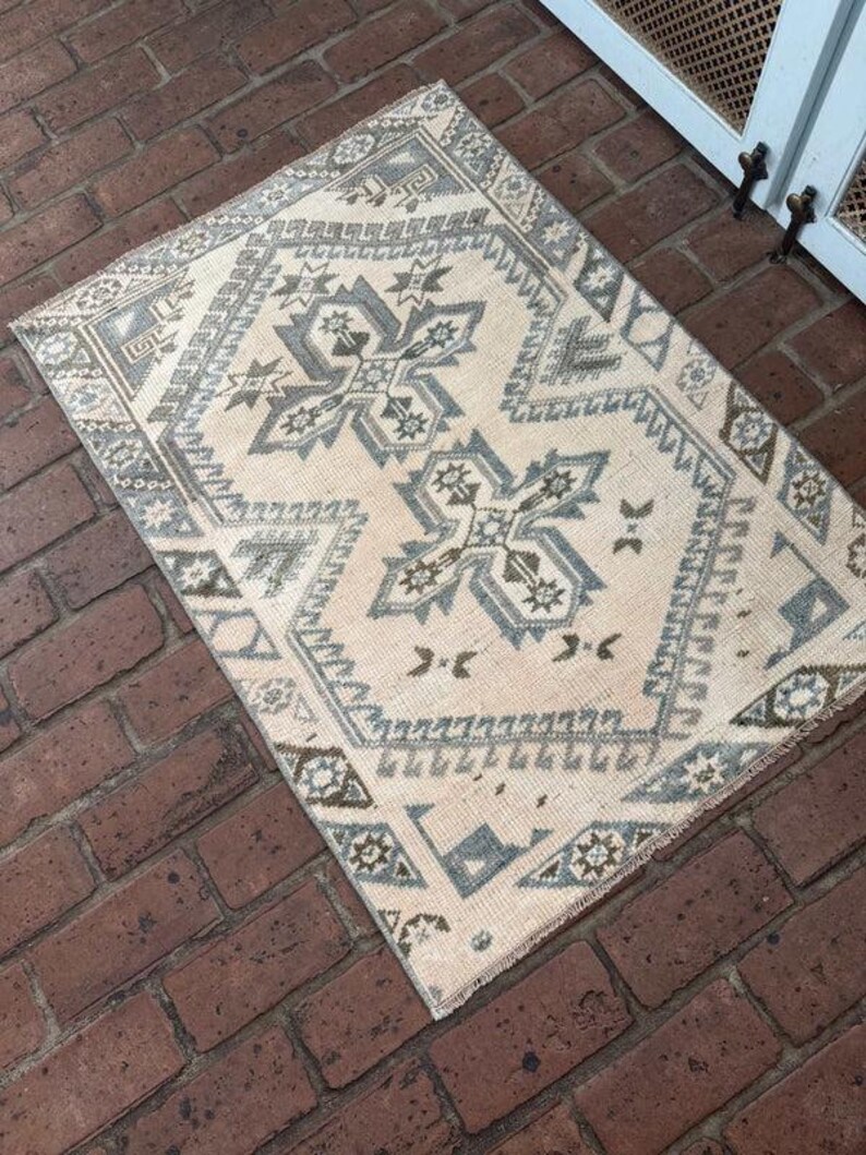 Soft Muted Blue Cream Wool Area Rug, Hand Knotted Vintage Style ...