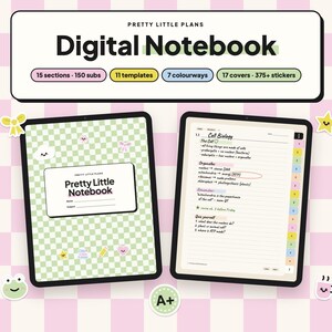 Digital Notebook GoodNotes, Cute Hyperlinked Student Notebook, 15 Subject Tabs, iPad Note Taking Template, Cornell Notes, Kawaii Stickers