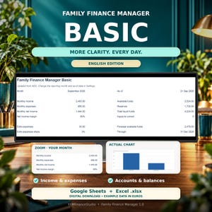 May include: A digital Family Finance Manager Basic spreadsheet template for Google Sheets and Excel. The interface displays monthly income, expenses, net income, and liquid funds. Includes a bar chart visualization and text labels for income, expenses, accounts, and balances.