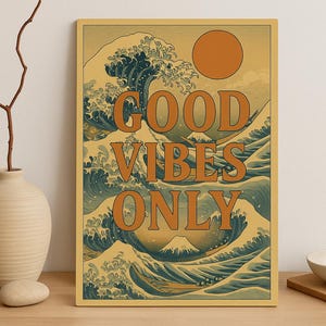Impresión artística de olas japonesas con buenas vibras, decoración de pared inspirada en Hokusai, póster costero zen, estética japonesa vintage, descarga digital imprimible