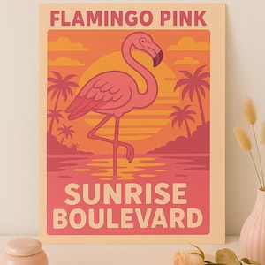 Flamingo Pink Sunrise Poster, Tropical Wall Art, Retro Beach House Decor, Sunset Flamingo Print, Coastal Summer Vibes Artwork