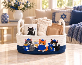 Personalized Hanukkah Basket, Cat Embroidery with Optional Name on Back, Cotton Rope Organizer for Holiday Gifts and Family Celebrations
