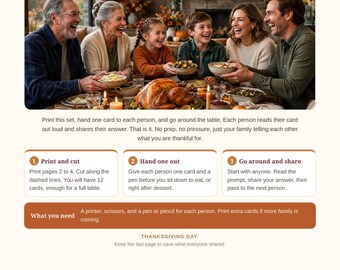 以下が含まれることがあります： 「Our Thankful Tradition」と題された感謝祭用のアクティビティシート。家族で感謝を分かち合うゲームの遊び方が記載されており、カードの印刷、切り取り、配布の手順や、必要な道具のリストが含まれています。