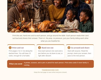 以下が含まれることがあります： 「Our Thankful Tradition」と題された感謝祭用の印刷可能なアクティビティシート。ローストターキーを囲む家族の写真、カードの印刷・切り取り・共有の手順、必要な備品リストが記載されています。