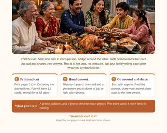 以下が含まれることがあります： 「Our Thankful Tradition」と題された感謝祭用のアクティビティシート。家族で感謝を分かち合うゲームの遊び方、カードの印刷・切り取り・配布の手順、必要な道具のリストが記載された印刷可能なシートです。