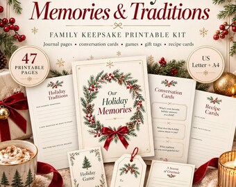 以下が含まれることがあります： Holiday Memories & Traditionsの家族の思い出を記録する印刷可能なキット。ジャーナルページ、会話カード、ゲーム、ギフトタグ、レシピカードなど47ページが含まれています。リース、赤いリボン、松の枝がデザインされています。