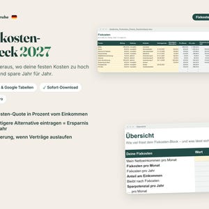 以下が含まれることがあります： Fixkosten-Check 2027と題されたデジタル財務計画ツール。経費カテゴリ、月間コスト、年間貯蓄額をユーロ通貨形式で表示する2つのスプレッドシートウィンドウが含まれています。