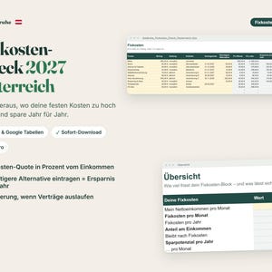 以下が含まれることがあります： Fixkosten-Check 2027 Österreichと題されたデジタル財務計画ツール。2つのスプレッドシートウィンドウが表示されており、経費カテゴリ、月々のコスト、およびユーロ単位での年間節約額の計算結果が明るい背景上に示されています。