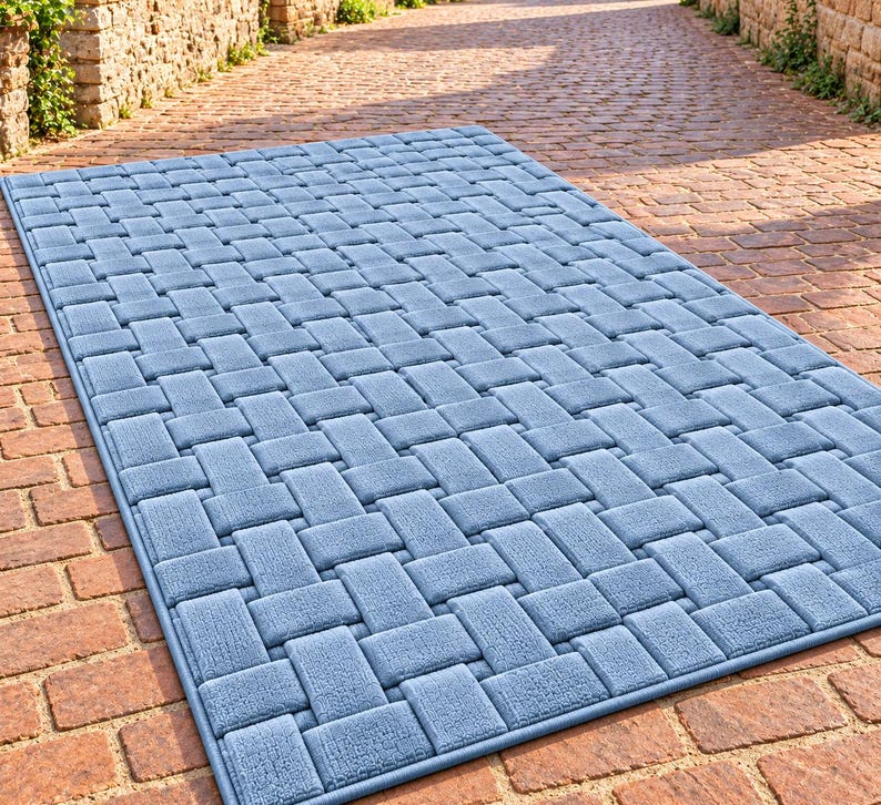 Blue Tufted Area Rug, Textured Basket Weave Carpet, Handmade Modern Rug ...
