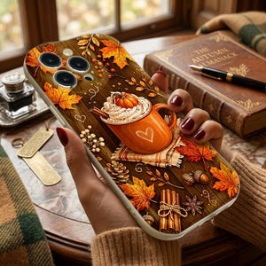 May include: A phone case featuring a wood grain background decorated with autumn leaves, pinecones, cinnamon sticks, and a central orange mug filled with a pumpkin-topped beverage, accented by a white heart illustration on the mug.