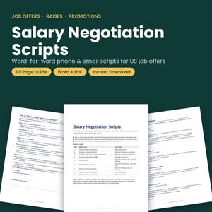 Może przedstawiać: 12-stronicowy przewodnik cyfrowy zatytułowany Salary Negotiation Scripts, zawierający gotowe skrypty rozmów telefonicznych i e-maili dotyczących ofert pracy w USA, a także arkusze robocze i odpowiedzi na typowe zastrzeżenia w negocjacjach płacowych.