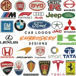May include: A collection of various automotive brand logos rendered as embroidery designs. The image features emblems for manufacturers including MG, Fiat, BYD, GTR, Hino, BMW, Ford, Mitsubishi, Lexus, Honda, McLaren, Dodge, Smart, Tata, Ducati, Maserati, Koenigsegg, Rover, Tesla, and Ferrari.