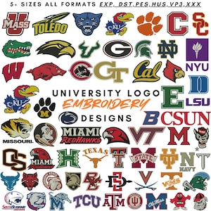 Könnte beinhalten: Eine Sammlung verschiedener Universitätssportlogos und Maskottchen in einem Raster, mit dem Text UNIVERSITY LOGO EMBROIDERY DESIGNS und 5+ SIZES ALL FORMATS EXP, DST, PES, HUS, VP3, XXX in schwarzer und oranger Schrift.