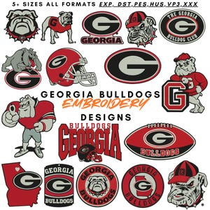 May include: A collection of Georgia Bulldogs embroidery designs featuring various bulldog mascots, the letter G logo, football helmets, and footballs in red, black, white, and gray. Text includes 5+ SIZES ALL FORMATS EXP, DST, PES, HUS, VP3, XXX, GEORGIA BULLDOGS EMBROIDERY DESIGNS.