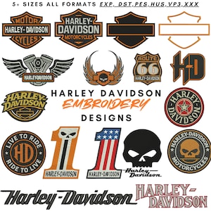Könnte beinhalten: Eine Sammlung von Harley-Davidson Stickmustern mit verschiedenen Logos, Schildern, Totenköpfen, der Zahl Eins und Route 66 Emblemen in Orange, Schwarz und Weiß. Der Text umfasst 5+ SIZES ALL FORMATS EXP, DST, PES, HUS, VP3, XXX, HARLEY DAVIDSON EMBROIDERY DESIGNS.