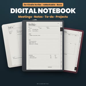 May include: A digital notebook for Kindle Scribe, reMarkable, and Boox featuring a dark grey tablet displaying a meeting template with sections for notes, action items, and dates. The screen shows text including Meeting 1, Notes, and To-do.