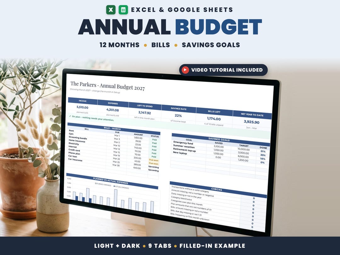 Annual Budget Spreadsheet, Google Sheets & Excel Yearly Finance Planner ...