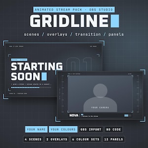 Op de afbeelding: Een geanimeerd stream-pakket voor OBS Studio genaamd GRIDLINE, met donkergrijze en lichtblauwe grafische elementen. Bevat scènes, overlays, overgangen en panelen met tekst zoals STARTING SOON, YOUR CAMERA en NOVA voor aanpasbare streaming lay-outs.