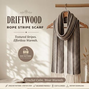 Modèle d'écharpe au crochet, écharpe côtelée rayée avec franges (PDF), écharpe unisexe facile, écharpe d'hiver neutre, modèle de crochet pour débutants à télécharger