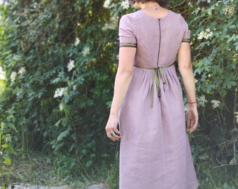 robe en lin coupe empire taille 38 longueur midi/ coloris cendre de rose/ style regency/ robe vieux rose/ esprit Jane Austen