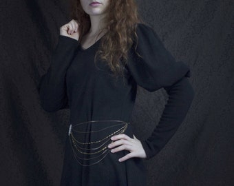 black fleece knit dress, puff sleeves, medieval style, dress with lamb sleeves, warm dress, Camelot spirit, long-sleeved dress