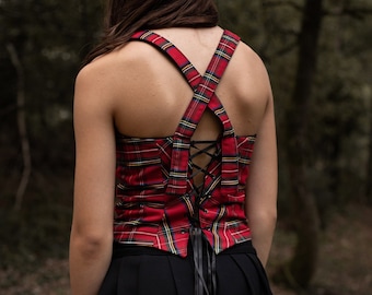 Scottish bustier with straps, reversible, red tartan/black wool, corset style, backless lacing, Witchy top