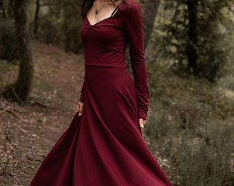 long red dress, witch style, witchy clothes, sweatshirt dress, fit and flare maxi dress