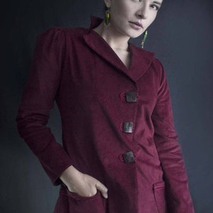 burgundy corduroy victorian coat, garnet half-season jacket, fitted coat with lacing