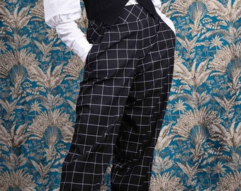 pantalon écossais noir et blanc, pantalon élégant à pinces, tartan noir, style dandy, pantalon ample, taille haute.