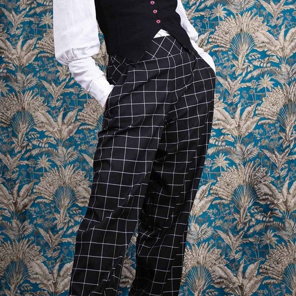 pantalon écossais noir et blanc, pantalon élégant à pinces, tartan noir, style dandy, pantalon ample, taille haute.