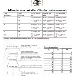 May include: Size chart and measurements for clothing in inches and centimeters. The chart includes US, UK, and French sizes. The chart also includes a diagram of a woman's body with labels for shoulders, bust, waist, and hips.