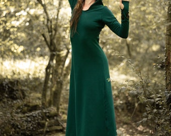 long green sweatshirt dress with hood, long sleeve dress, fairycore, witchy style, cottagecore clothing, grunge fairy, fairycore dresses