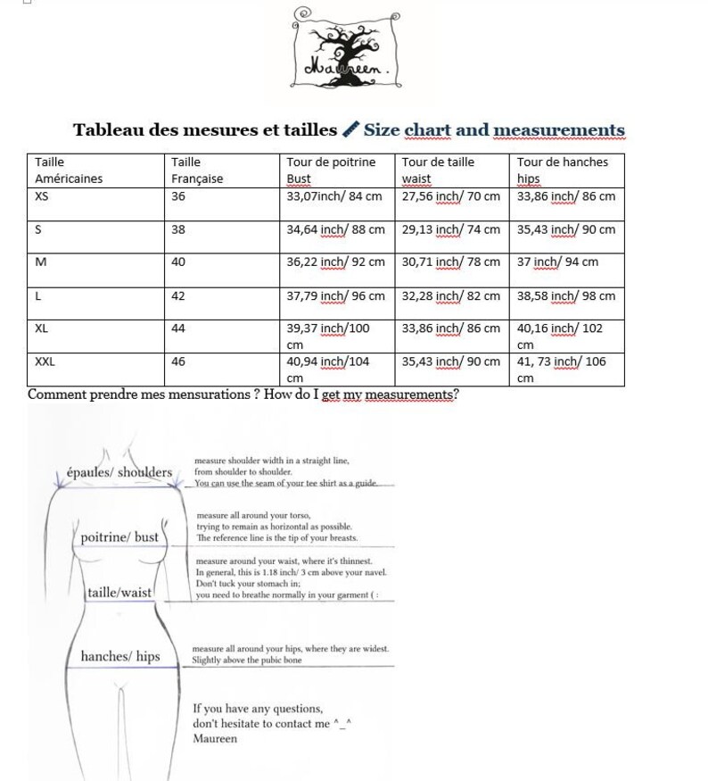 May include: Size chart and measurements table in English and French for clothing. The table shows sizes in US and French sizes, with corresponding bust, waist, and hip measurements in inches and centimeters.