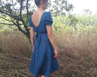 abito blu in lino regency, vita alta / abito impero / abito Jane Austen / Orgoglio e pregiudizio