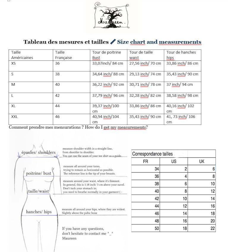 Pu&ograve; includere: Tabella delle taglie e misure per abbigliamento in pollici e centimetri. La tabella include le taglie US, UK e francesi. La tabella include anche un diagramma che mostra come misurare spalle, busto, vita e fianchi.