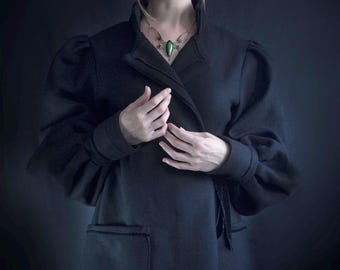 black wool coat/ fitted coat with lacing/ Victorian style/ vintage coat/ dark cottage core