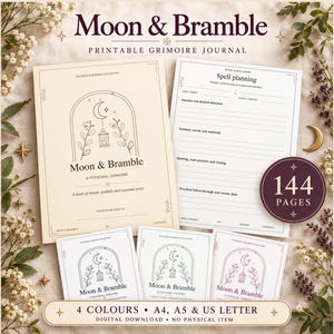 Könnte beinhalten: Ein druckbares Grimoire-Journal mit dem Titel Moon & Bramble, bestehend aus einem Cover mit einer Mondsichel- und Laternenillustration, einer Seite zur Zauberplanung und drei kleineren Versionen in verschiedenen Farben, insgesamt 144 Seiten in A4, A5 und US Letter.