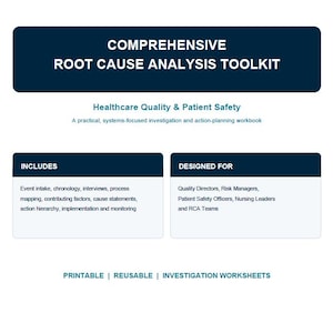 May include: A digital document titled Comprehensive Root Cause Analysis Toolkit for Healthcare Quality and Patient Safety. It lists contents like event intake, process mapping, and action hierarchy, intended for quality directors and safety teams.
