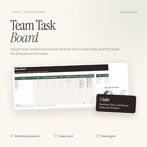 May include: A digital Team Task Board template for Excel and Google Sheets. The interface displays a task tracking table with columns for person, tasks, status, and progress, alongside a pie chart for all tasks by status and a 5-tab navigation.
