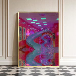 Liminal Space Poster Print Cyberpunk Pool Canvas Graphic Pink Neon Slide Design Vaporwave Aesthetic Y2K Room Interior Wall Decor