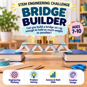 Puede incluir: Un kit de desafío de ingeniería STEM Bridge Builder con un modelo de puente de cartón y pilas de monedas doradas encima. El texto dice STEM ENGINEERING CHALLENGE BRIDGE BUILDER, Can you build a bridge strong enough to hold as much weight as possible?, AGES 7-10, Engineering Thinking, Problem Solving, Science & Math Skills y Creative Design.