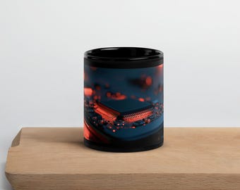 Red Circuit Board Coffee Mug, Glowing Microchip Tech Art Wrap, 11oz or 15oz Black Ceramic Mug, Gift for Engineer or Programmer