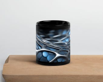 Liquid Chrome Coffee Mug, Silver and Blue Futuristic Lattice Art Wrap, 11oz or 15oz Black Ceramic Mug, Modern Tech Gift