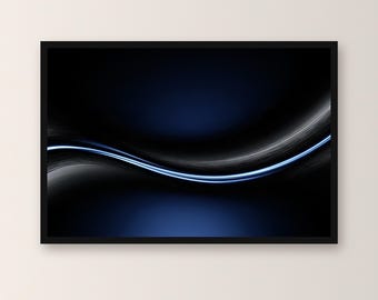 Dark Minimalist Abstract Poster, 12x18 Landscape Wall Art, Blue Light Line on Black, Modern Tech Office Decor