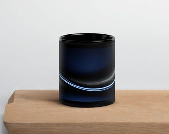 Black Minimalist Coffee Mug, Blue Light Line Abstract Art, 11oz or 15oz Ceramic Wrap Mug, Gift for Tech Lover or Gamer