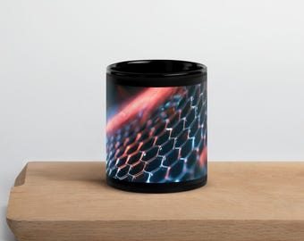 Hexagon Tech Coffee Mug, Blue and Orange Honeycomb Grid Art Wrap, 11oz or 15oz Black Ceramic Mug, Futuristic Gift for Gamer