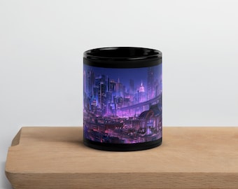 Neon Cyberpunk City Coffee Mug, Purple Futuristic Skyline Art Wrap, 11oz or 15oz Black Ceramic Mug, Sci Fi Gift for Gamer