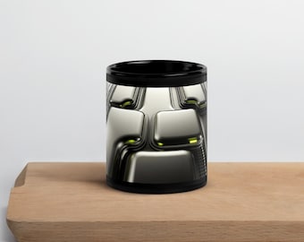 Futuristic Circuit Coffee Mug, Green and Chrome Tech Art Wrap, 11oz or 15oz Black Ceramic Mug, Gift for Tech Lover or Coder