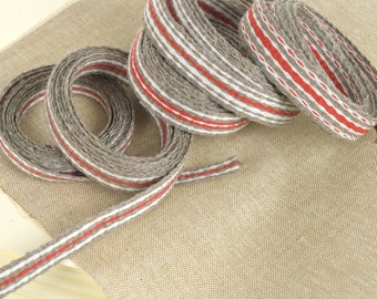 Linen Sewing Tape for Bookbinding and all kinds of other crafts, 0.9cm - 1.8cm, grey-white-red stripes, sold by half meter